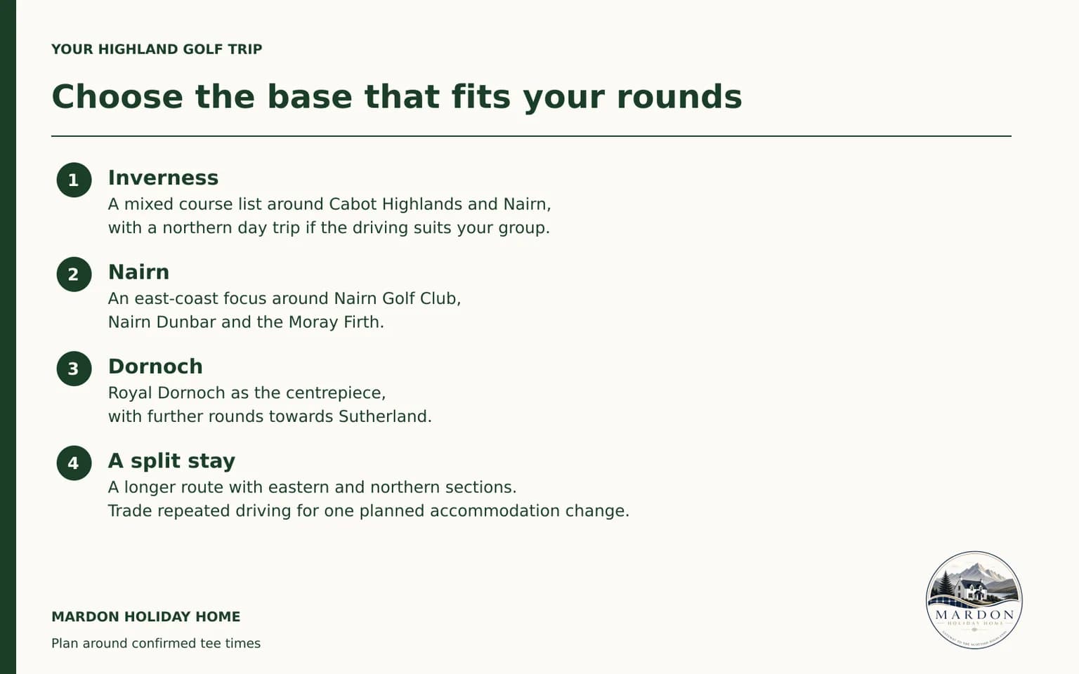 Choose Your Highland Golf Base Around Your Courses Graphic matching Inverness, Nairn and Dornoch to different Highland golf itineraries