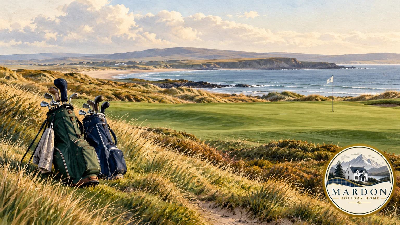 Give Each Part of Your Highland Golf Route Enough Time Illustrated coastal links fairway with low dunes, a flag and two golf bags