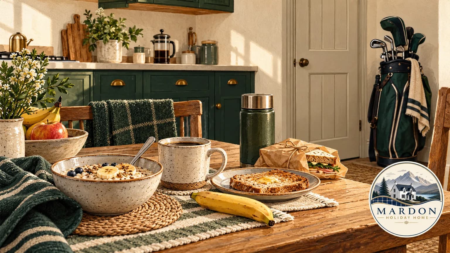 Make Early Tee-Time Mornings Easier Illustrated early breakfast and packed lunch in a generic self-catering kitchen, with a golf bag by the door