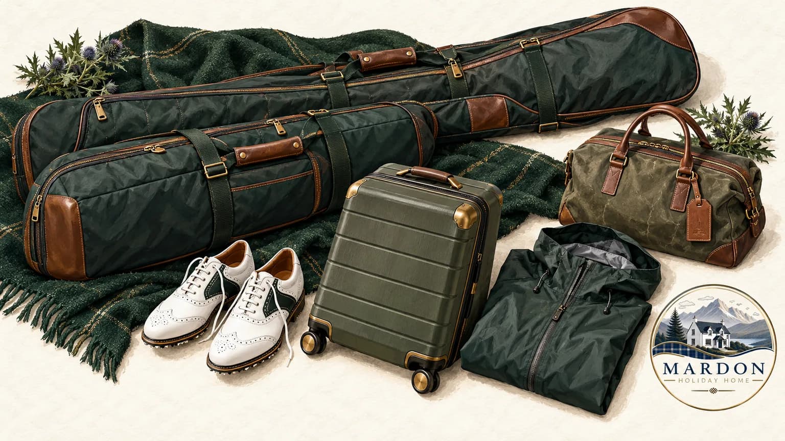 Count Golf Bags as Well as Passengers Illustrated padded golf travel covers, suitcase, shoes and rain jacket arranged for packing