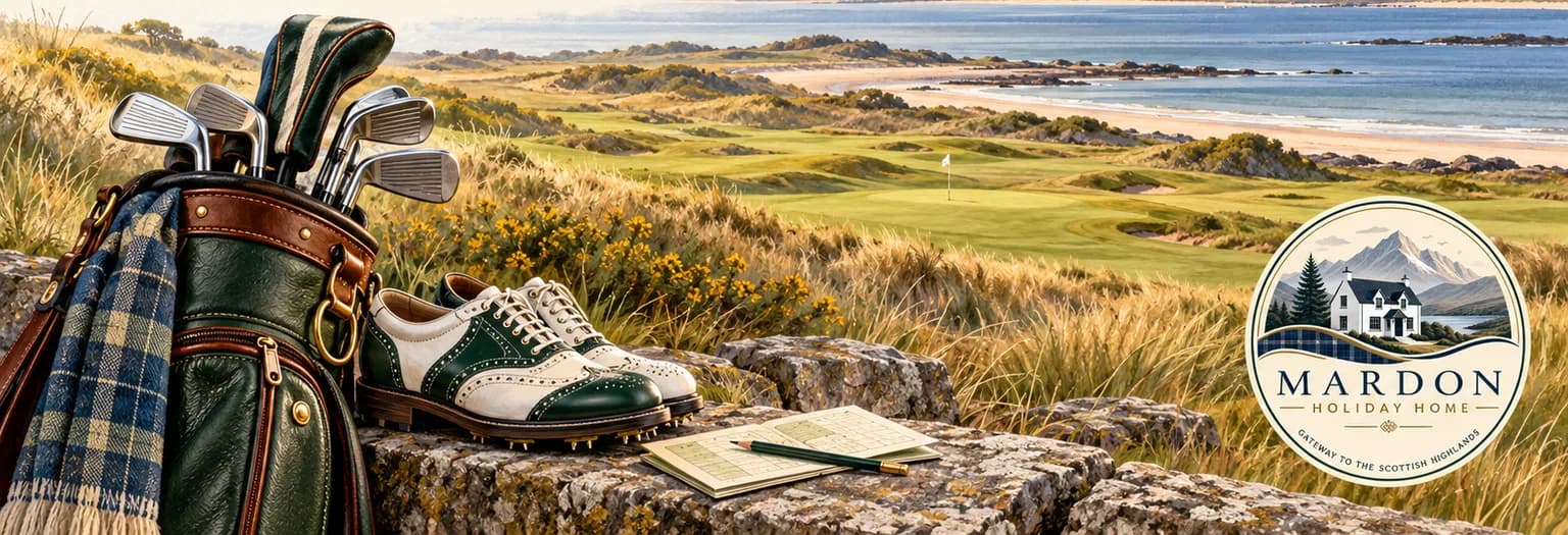Mardon Holiday Home, Milton of Culloden, near Inverness Illustrated golf bag, shoes and scorecard overlooking a Scottish coastal links, for Highland golf trip planning from Mardon Holiday Home near Inverness