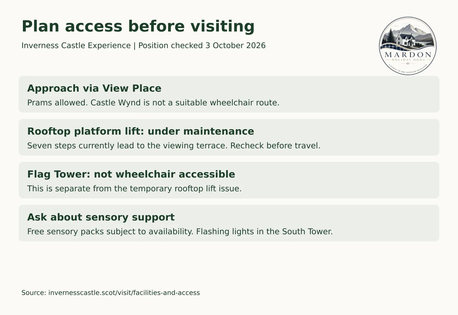 Family access checks before visiting Inverness Castle Experience access checklist covering the View Place approach, the seven-step rooftop restriction, the Flag Tower and sensory packs, from Mardon Holiday Home near Inverness