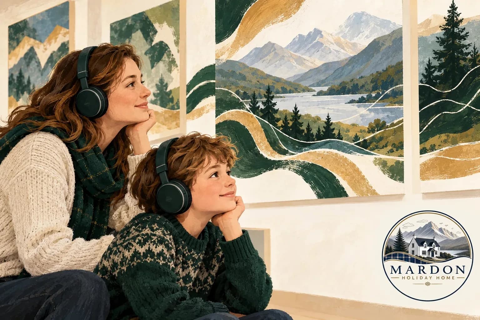 Listening to Highland stories together Illustration of a parent and child listening on headphones beside Highland landscape displays, for an Inverness Castle family guide from Mardon Holiday Home near Inverness