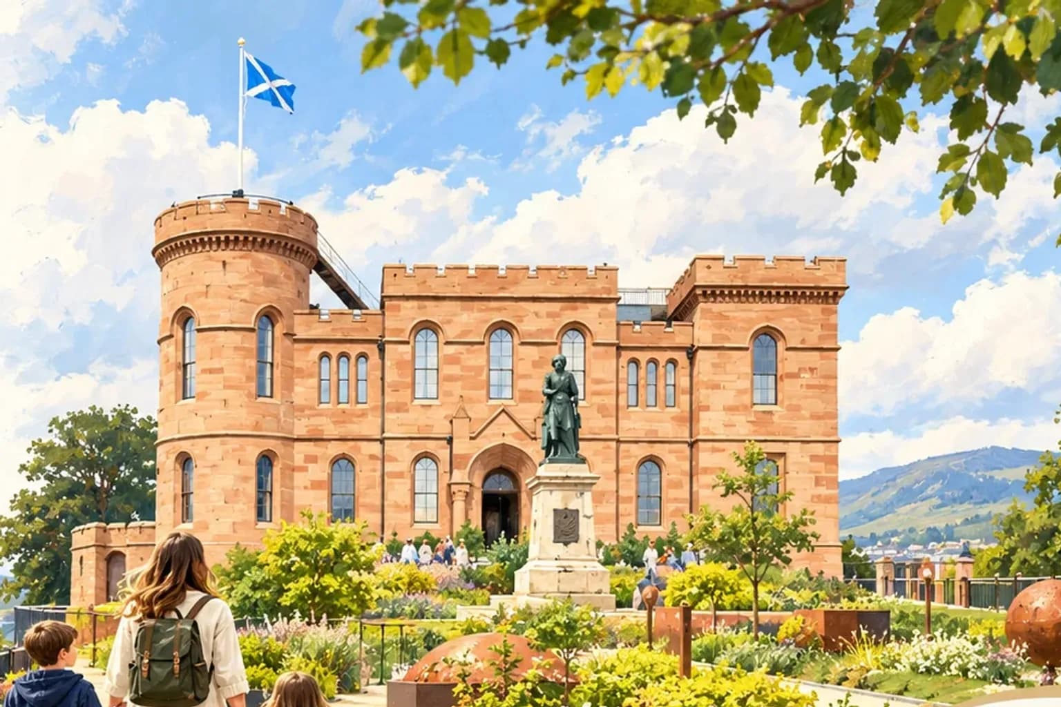 Mardon Holiday Home, Milton of Culloden, near Inverness Illustration of a parent and two children walking through the gardens towards Inverness Castle, for a family guide from Mardon Holiday Home near Inverness