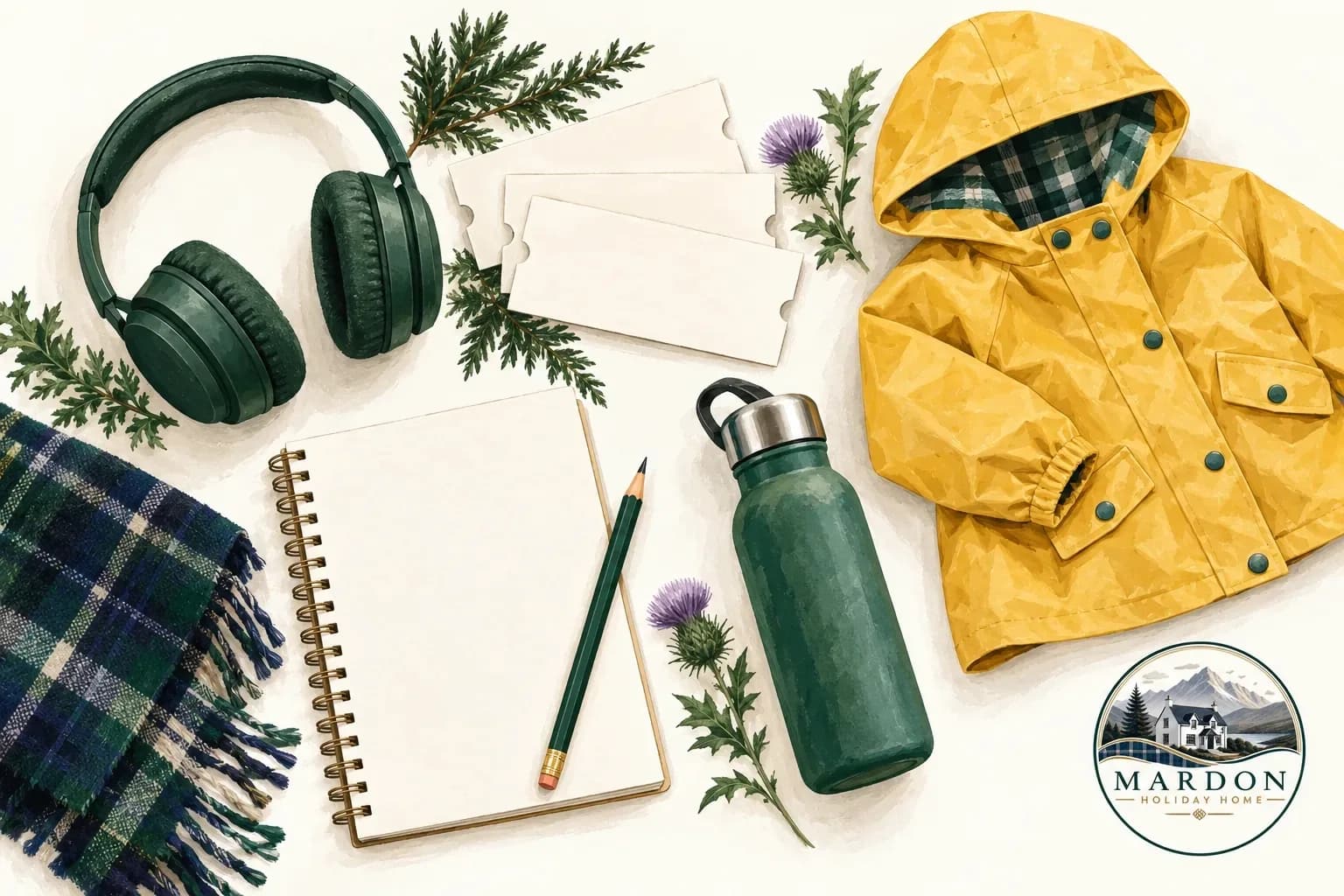 Pack for a relaxed castle visit Illustrated family outing essentials for an Inverness Castle visit, including headphones, a child's raincoat, a water bottle and a notebook, from Mardon Holiday Home near Inverness