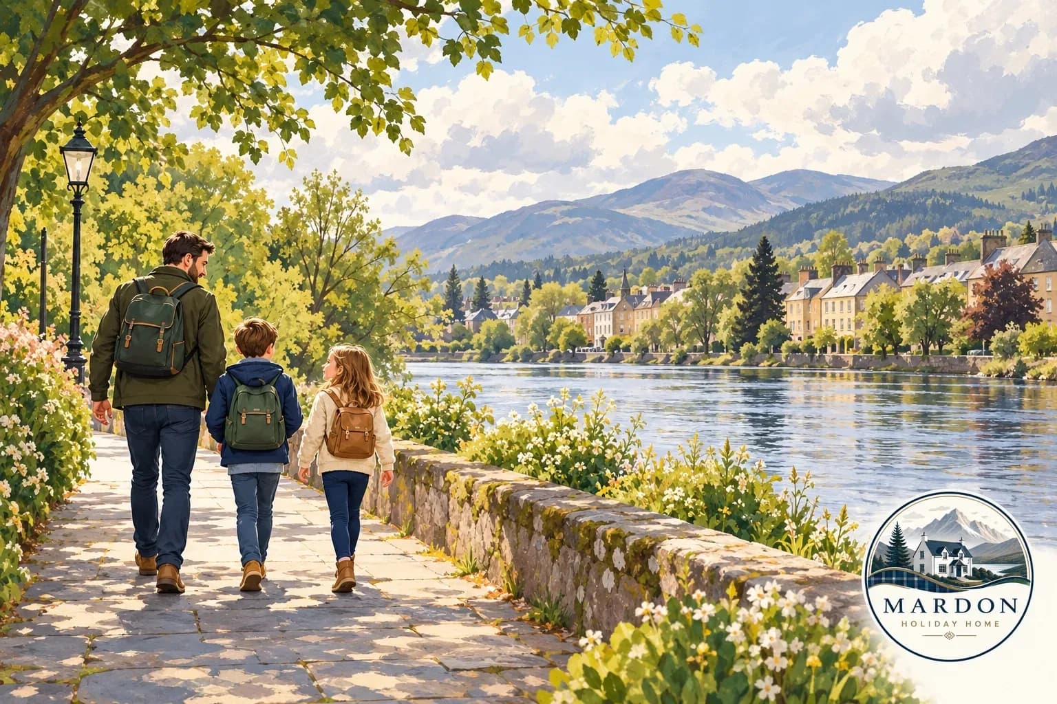 An outdoor pause after the castle Illustration of a parent and two children walking beside the River Ness in Inverness after a castle visit, from Mardon Holiday Home near Inverness