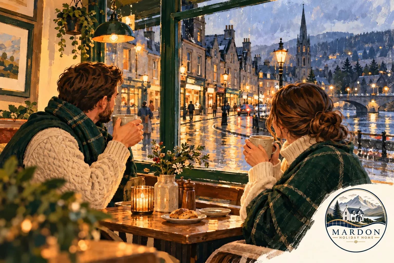 A warm indoor pause on a winter day Illustration of two travellers with hot drinks by a cafe window on a rainy winter evening in Inverness, from Mardon Holiday Home near Inverness