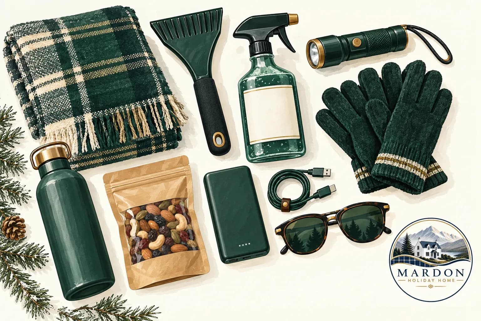 Winter essentials to carry in the car Illustrated Highland winter car kit with blanket, ice scraper, de-icer, torch, gloves, water, snacks, power bank and sunglasses, from Mardon Holiday Home near Inverness