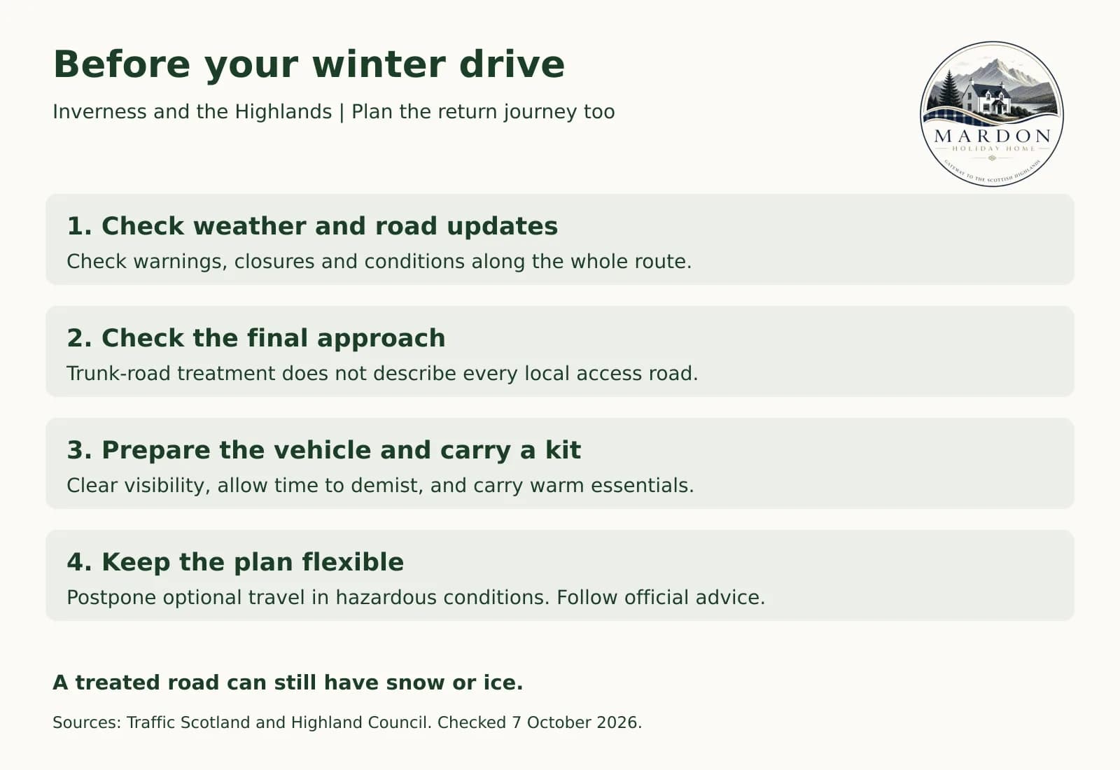 Winter road checks before leaving Inverness Four checks before a winter drive from Inverness: road updates, the final approach, vehicle preparation and a flexible plan, from Mardon Holiday Home near Inverness