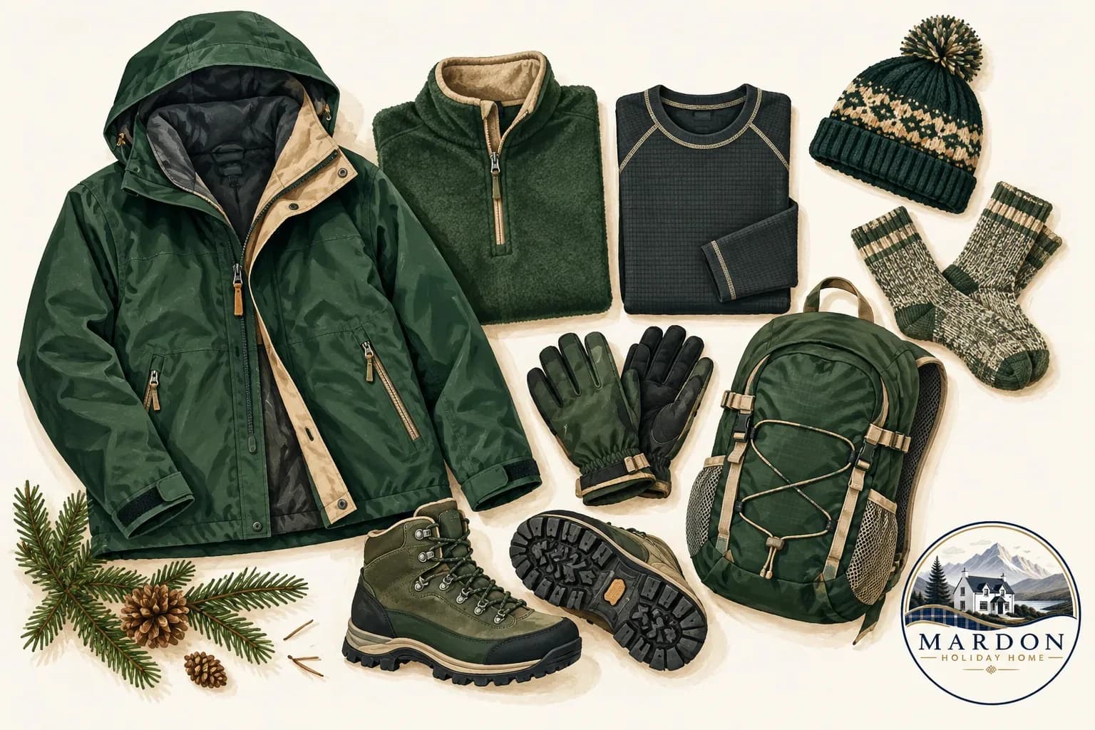 Clothing for a winter stay in Inverness Illustrated winter packing for Inverness: waterproof jacket, fleece, thermal top, hat, socks, gloves, daypack and grippy boots, from Mardon Holiday Home near Inverness