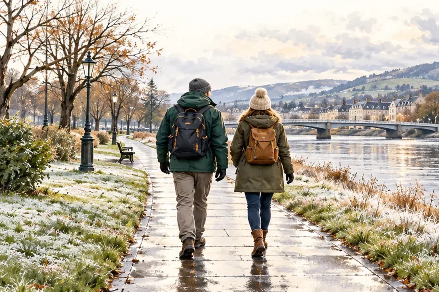 Mardon Holiday Home, Milton of Culloden, near Inverness Illustration of two walkers in waterproof coats on a frosty riverside path beside the River Ness in Inverness, for a winter guide from Mardon Holiday Home near Inverness
